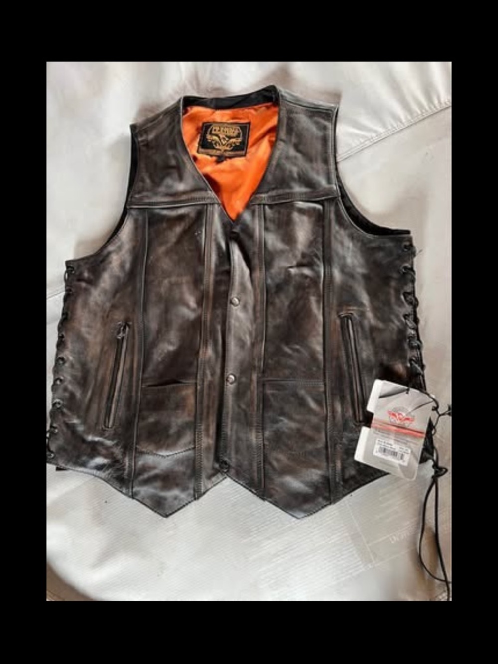 Men's Black Leather Vest with Orange Lining by Roland Sands